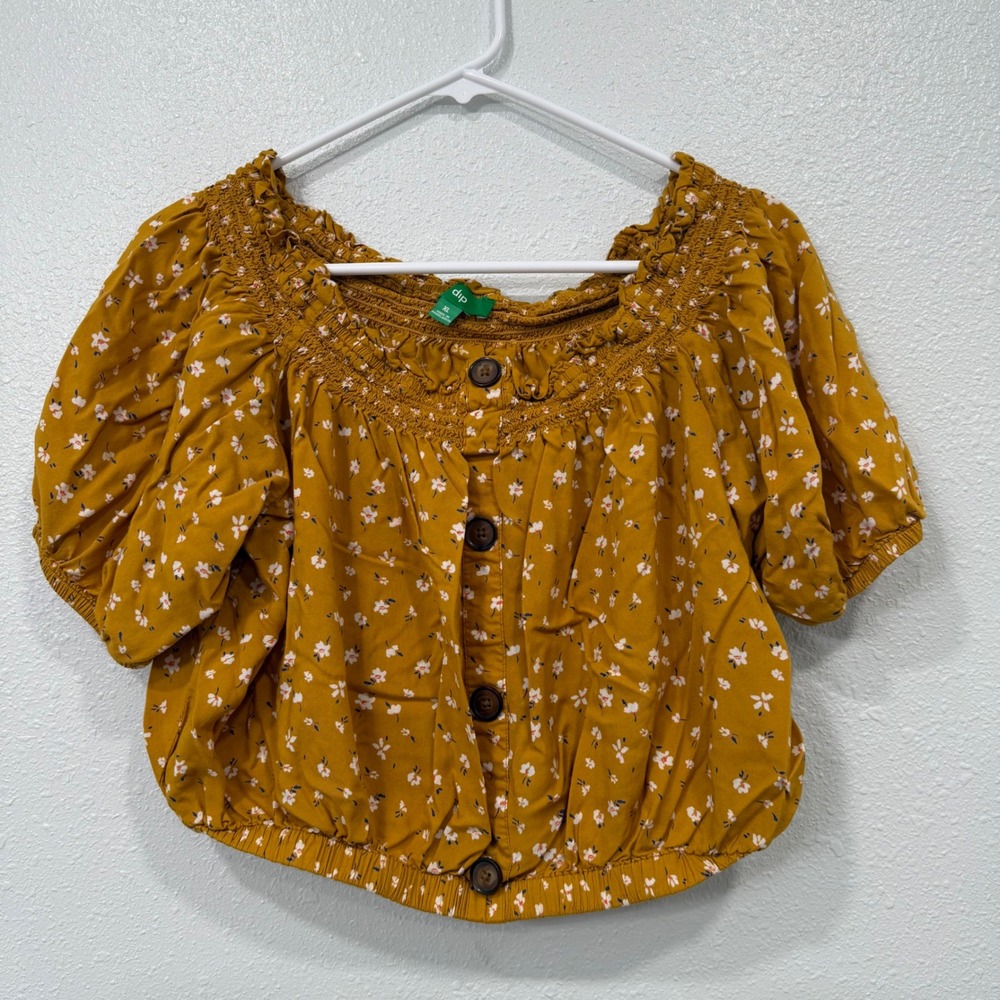 Dip Yellow Floral Smocked Square Neck Puff Sleeve Cropped Blouse Top XL